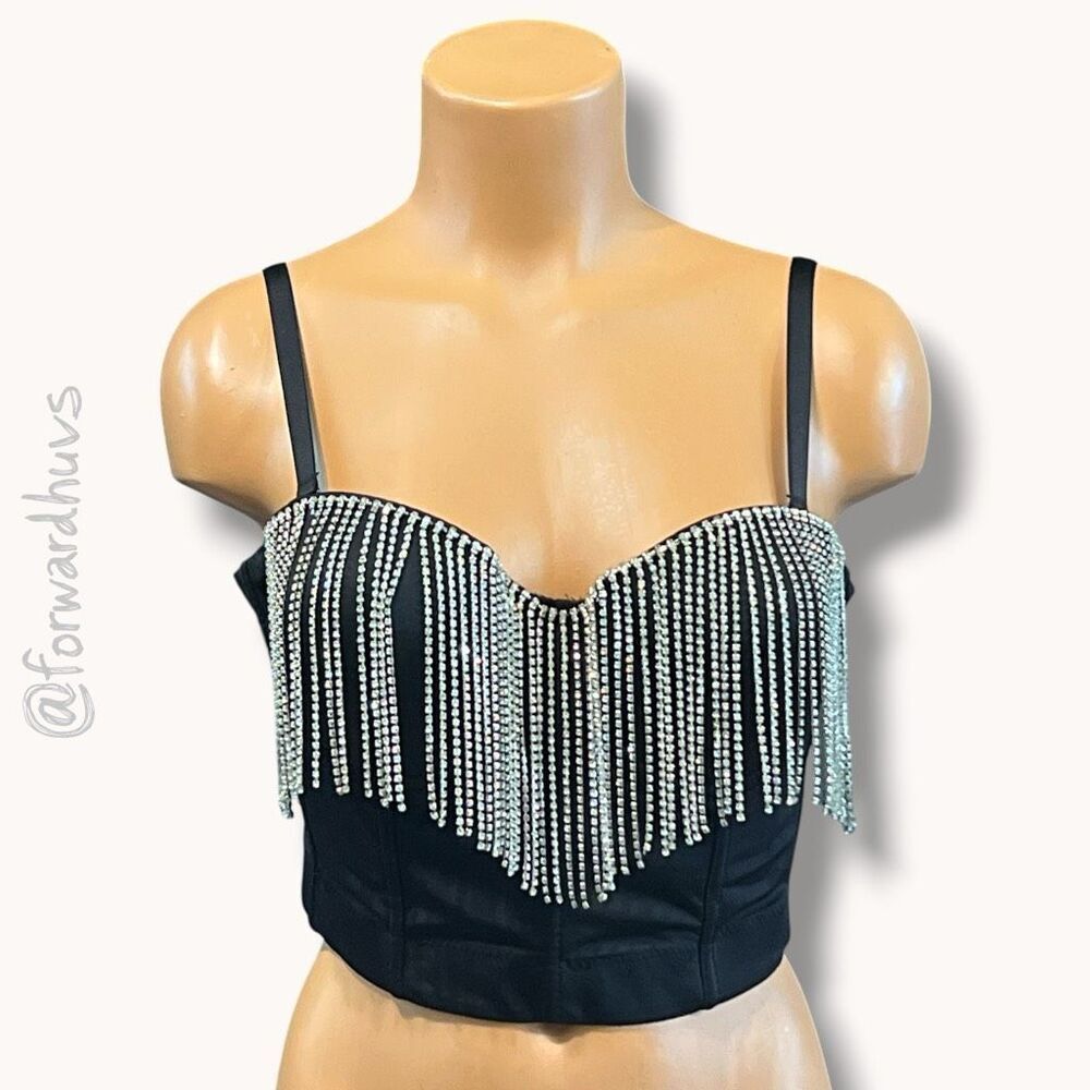 Rhinestone Fringe Bustier Top – Black – Small – Adjustable Band 28–32”